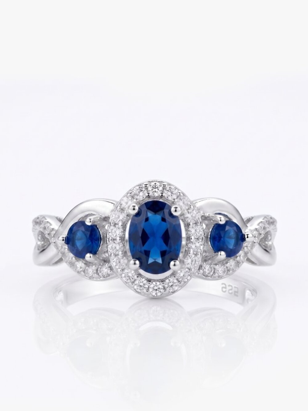 Oval-cut Blue Sapphire Three-stone Halo Ring - 925 Sterling Silver Charmed Aroma